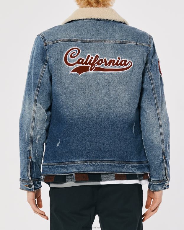 Tops Hollister Men Sherpa-Lined Denim Varsity Trucker Jacket 488201081 Medium Wash