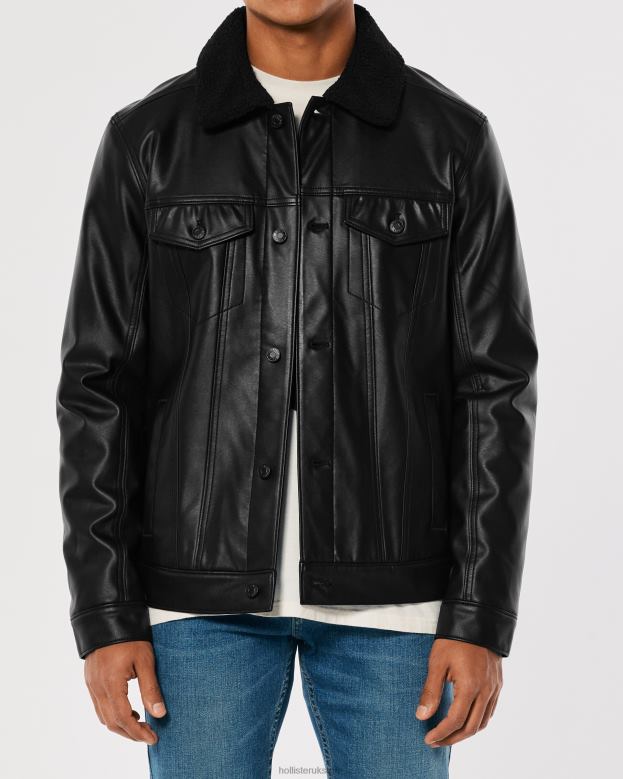 Tops Hollister Men Sherpa-Lined Faux Leather Trucker Jacket 488201060 Black Sherpa Lined