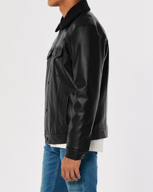 Tops Hollister Men Sherpa-Lined Faux Leather Trucker Jacket 488201060 Black Sherpa Lined