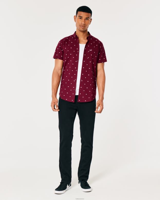 Tops Hollister Men Short-Sleeve Button-Through Geo Pattern Shirt 48820979 Burgundy Pattern