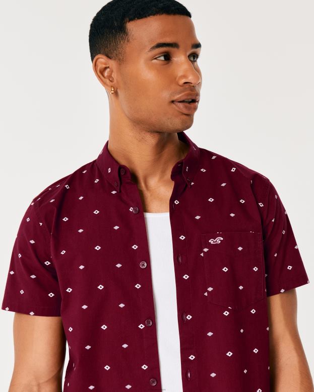 Tops Hollister Men Short-Sleeve Button-Through Geo Pattern Shirt 48820979 Burgundy Pattern
