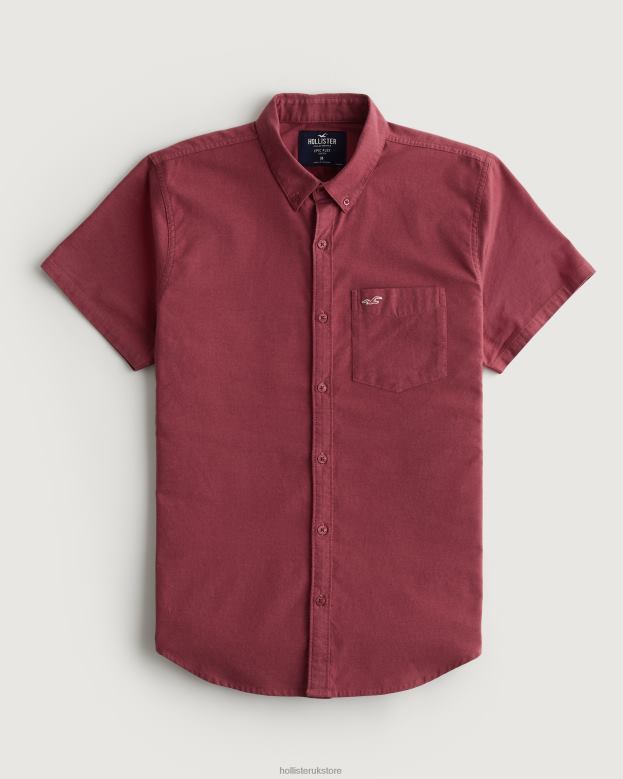 Tops Hollister Men Short-Sleeve Logo Icon Oxford Shirt 48820902 Burgundy