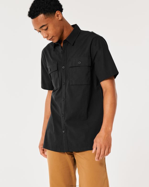 Tops Hollister Men Short-Sleeve Poplin Utility Shirt 488201049 Black