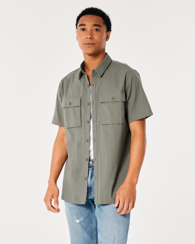 Tops Hollister Men Short-Sleeve Poplin Utility Shirt 488201050 Olive