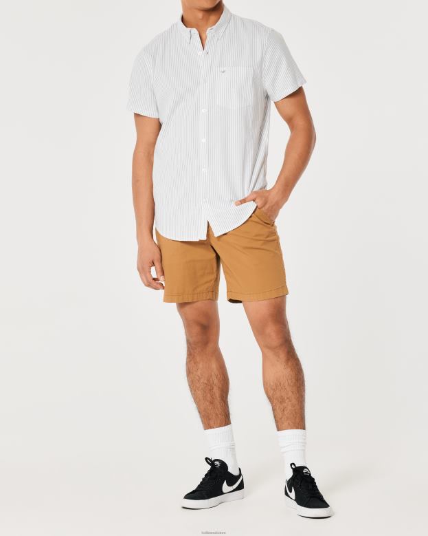 Tops Hollister Men Short-Sleeve Striped Oxford Shirt 488201008 Olive Stripe