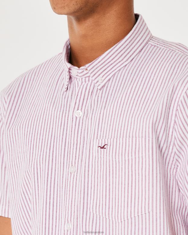 Tops Hollister Men Short-Sleeve Striped Oxford Shirt 488201037 Burgundy Stripe