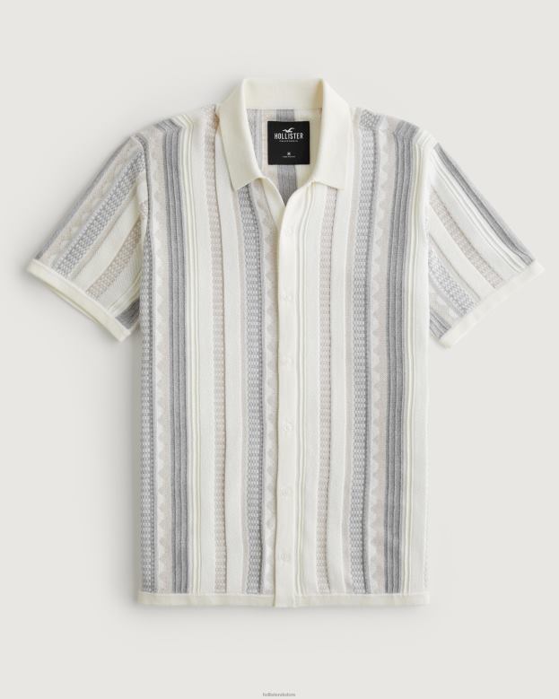 Tops Hollister Men Short-Sleeve Textured Sweater Shirt 48820863 White Stripe