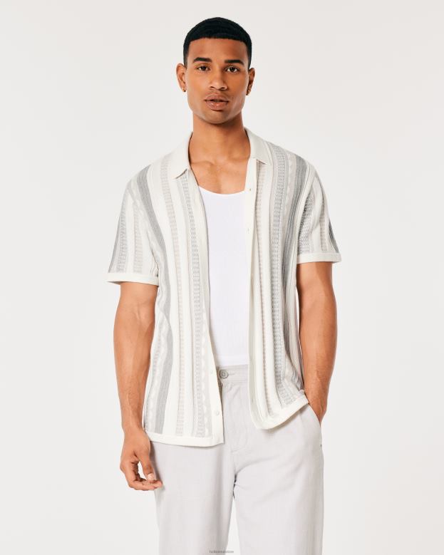 Tops Hollister Men Short-Sleeve Textured Sweater Shirt 48820863 White Stripe