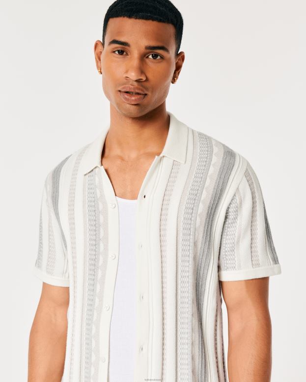 Tops Hollister Men Short-Sleeve Textured Sweater Shirt 48820863 White Stripe