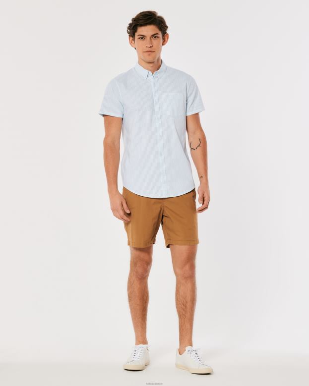 Tops Hollister Men Striped Short-Sleeve Oxford Shirt 48820842 Light Blue Stripe