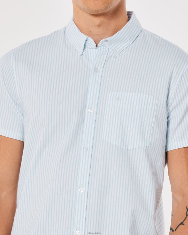 Tops Hollister Men Striped Short-Sleeve Oxford Shirt 48820842 Light Blue Stripe