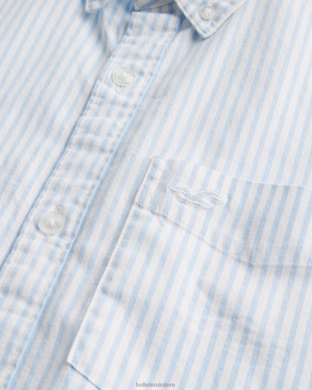 Tops Hollister Men Striped Short-Sleeve Oxford Shirt 48820842 Light Blue Stripe