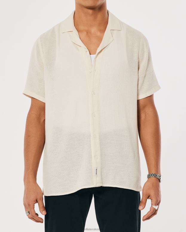 Tops Hollister Men Textured Short-Sleeve Shirt 48820877 Off White