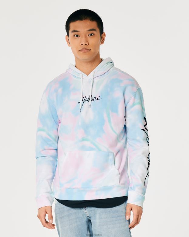 Tops Hollister Men Wash Effect Logo Graphic Hoodie 48820835 Blue Tie-Dye