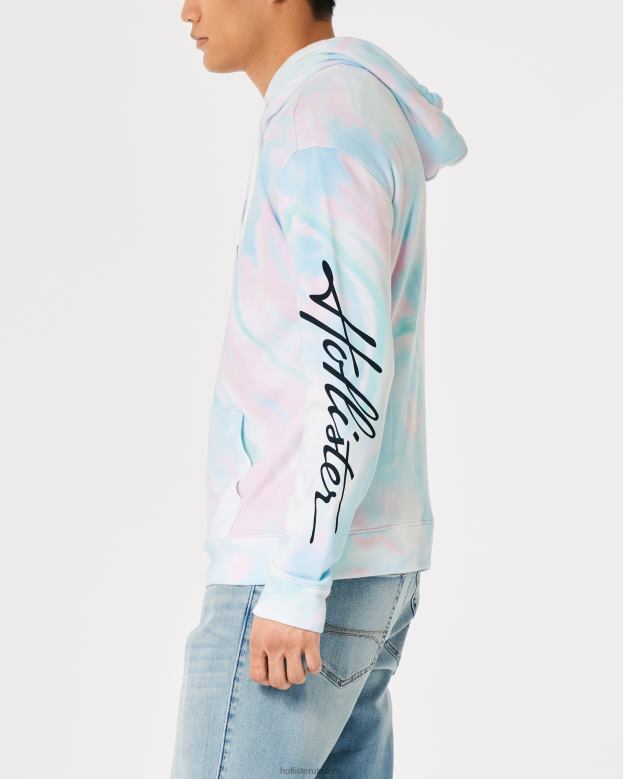 Tops Hollister Men Wash Effect Logo Graphic Hoodie 48820835 Blue Tie-Dye