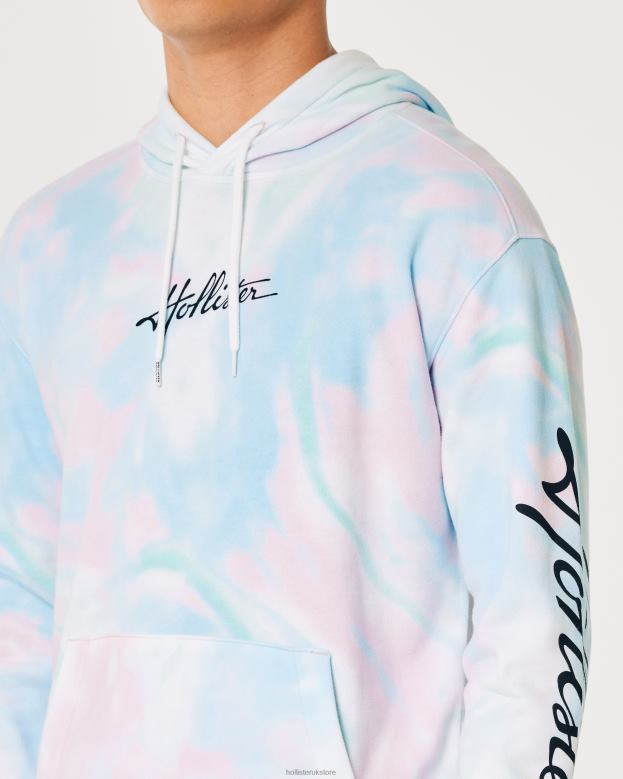Tops Hollister Men Wash Effect Logo Graphic Hoodie 48820835 Blue Tie-Dye