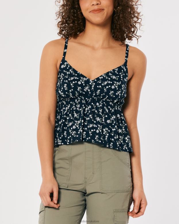 Tops Hollister Women Babydoll Tank 48820290 Navy Blue Floral