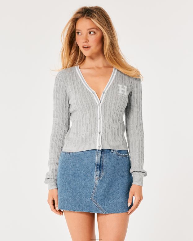 Tops Hollister Women Cable-Knit Logo Cardigan 48820353 Light Grey