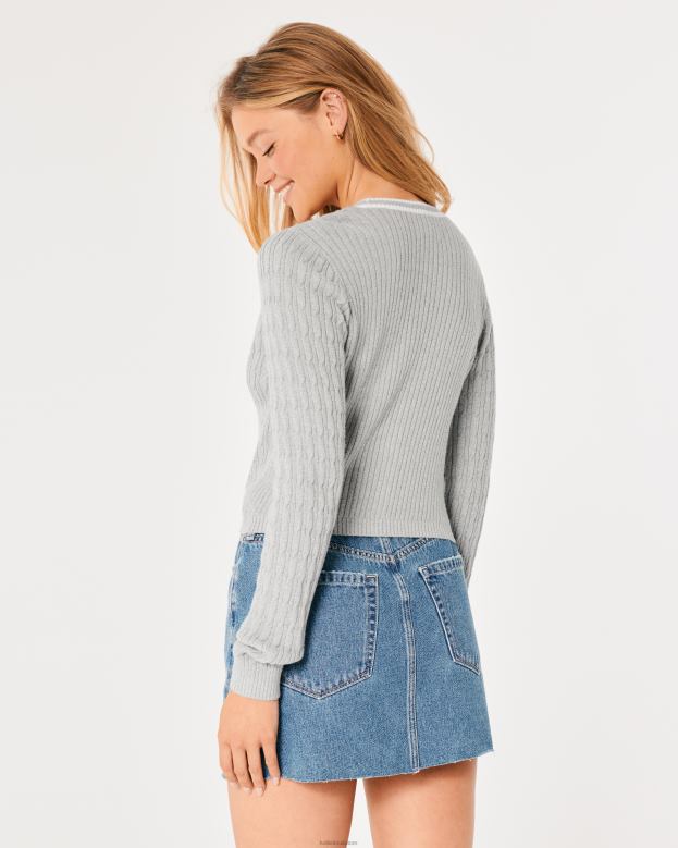 Tops Hollister Women Cable-Knit Logo Cardigan 48820353 Light Grey