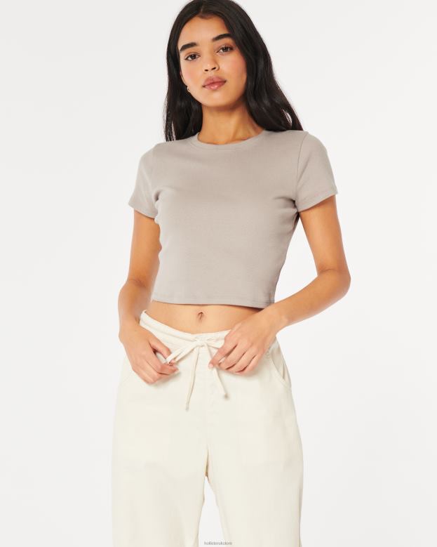 Tops Hollister Women Cotton Crew Baby Tee 4882013 Taupe