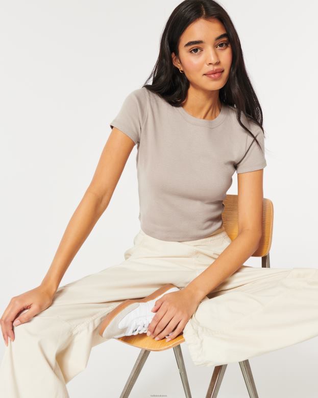 Tops Hollister Women Cotton Crew Baby Tee 4882013 Taupe