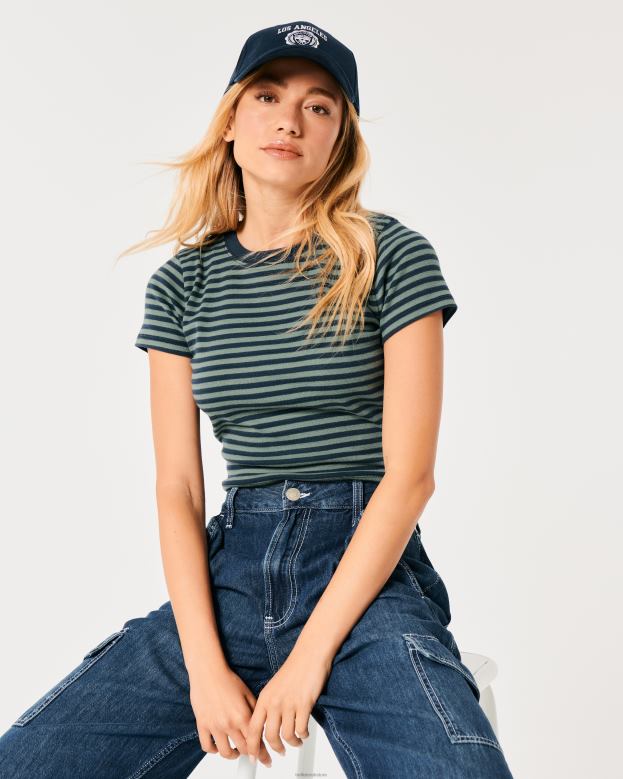 Tops Hollister Women Cotton Crew Baby Tee 4882021 Navy Blue Stripe