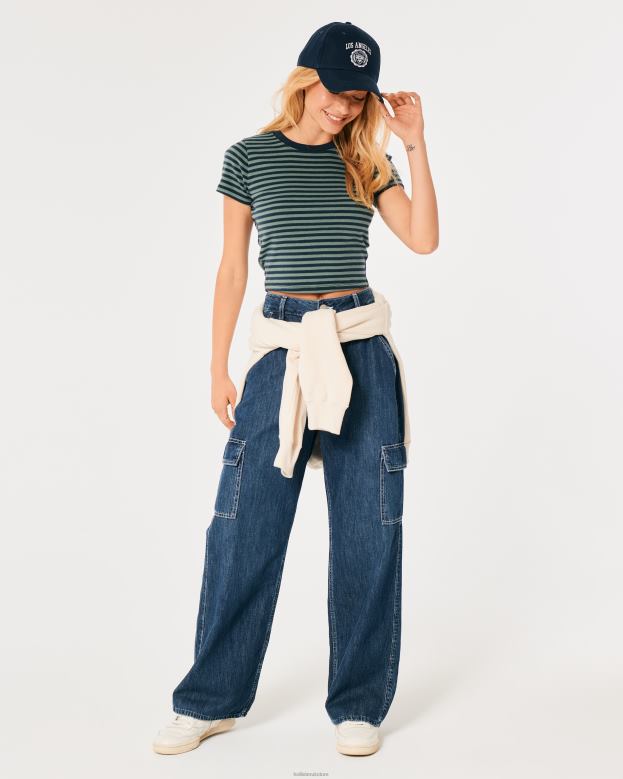 Tops Hollister Women Cotton Crew Baby Tee 4882021 Navy Blue Stripe