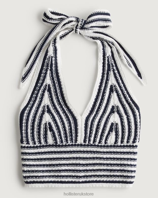Tops Hollister Women Crochet V-Neck Halter Top 4882062 Navy Stripe