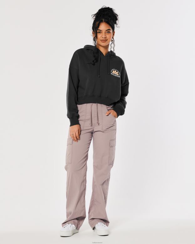 Tops Hollister Women Crop Print Logo Hoodie 48820245 Dark Grey