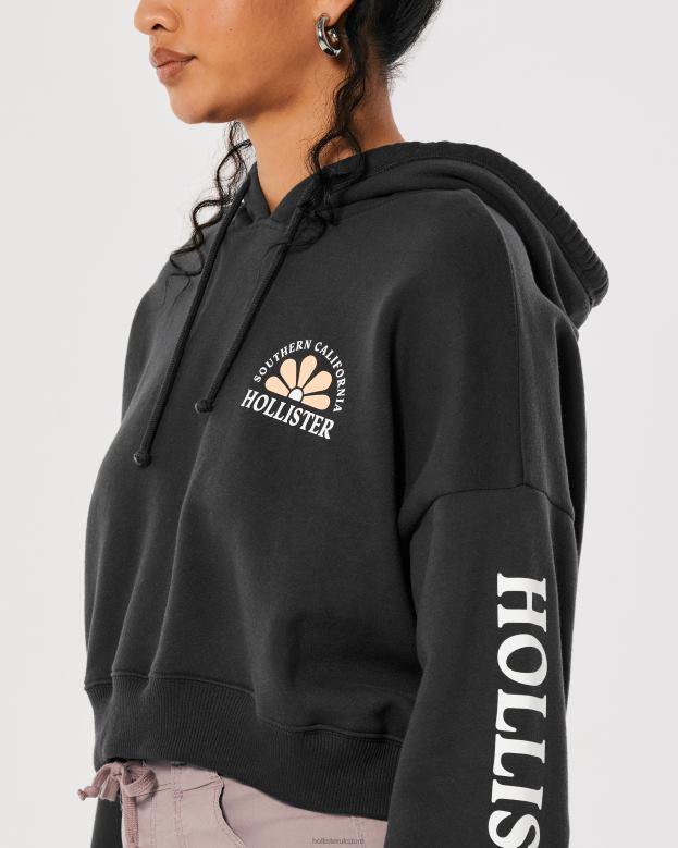 Tops Hollister Women Crop Print Logo Hoodie 48820245 Dark Grey