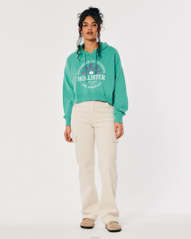 Tops Hollister Women Crop Print Logo Hoodie 48820339 Green