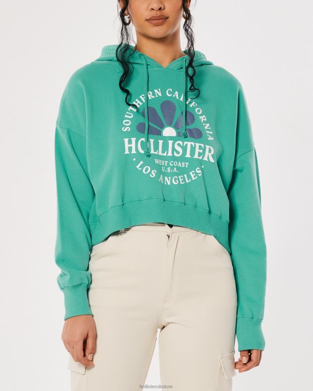 Tops Hollister Women Crop Print Logo Hoodie 48820339 Green