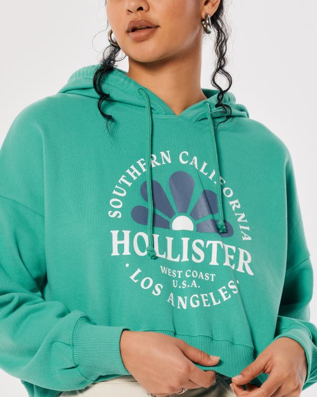 Tops Hollister Women Crop Print Logo Hoodie 48820339 Green
