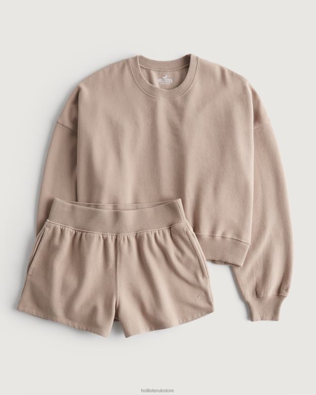 Tops Hollister Women Easy Crew Sweatshirt  Fleece Shorts Matching Set 48820364 Light Brown