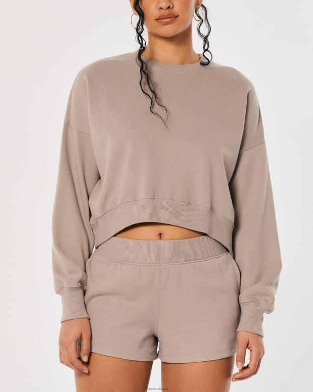 Tops Hollister Women Easy Crew Sweatshirt  Fleece Shorts Matching Set 48820364 Light Brown