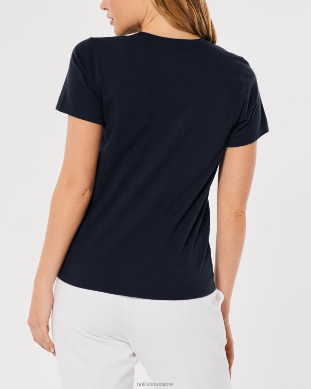 Tops Hollister Women Easy Embroidered Logo Graphic Tee 48820376 Navy Blue