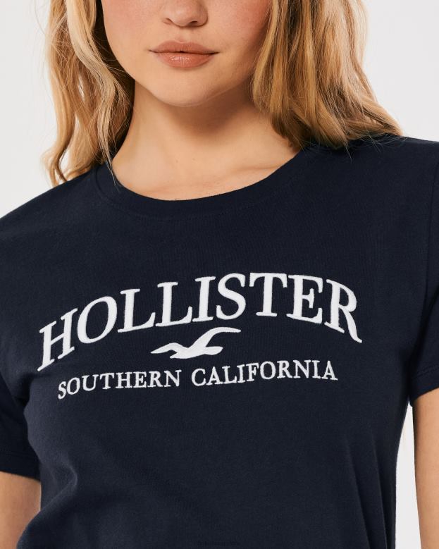 Tops Hollister Women Easy Embroidered Logo Graphic Tee 48820376 Navy Blue