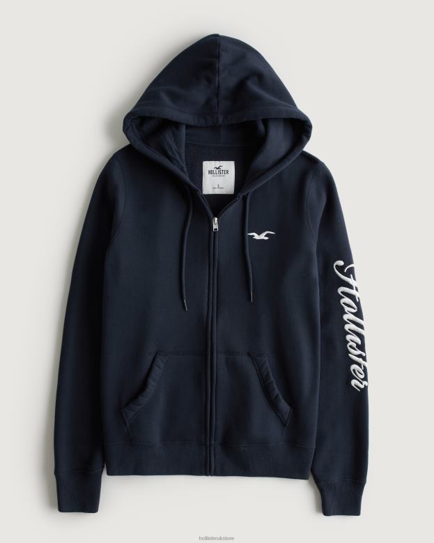 Tops Hollister Women Easy Full-Zip Logo Graphic Hoodie 48820119 Navy Blue