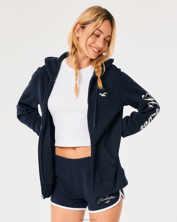 Tops Hollister Women Easy Full-Zip Logo Graphic Hoodie 48820119 Navy Blue