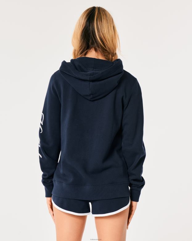 Tops Hollister Women Easy Full-Zip Logo Graphic Hoodie 48820119 Navy Blue