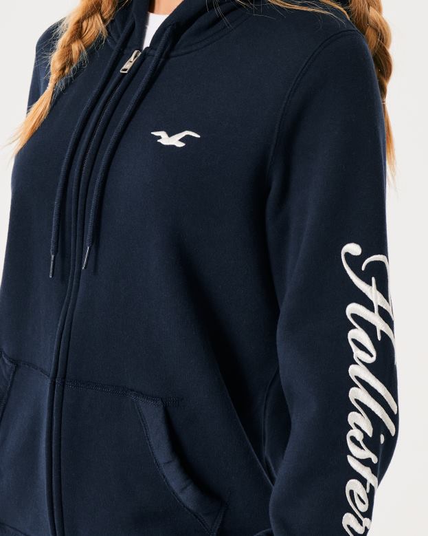 Tops Hollister Women Easy Full-Zip Logo Graphic Hoodie 48820119 Navy Blue