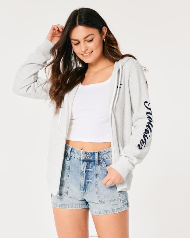 Tops Hollister Women Easy Full-Zip Logo Graphic Hoodie 48820296 Light Heather Grey