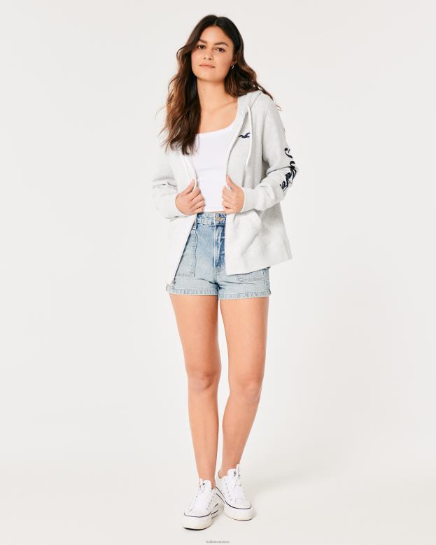 Tops Hollister Women Easy Full-Zip Logo Graphic Hoodie 48820296 Light Heather Grey