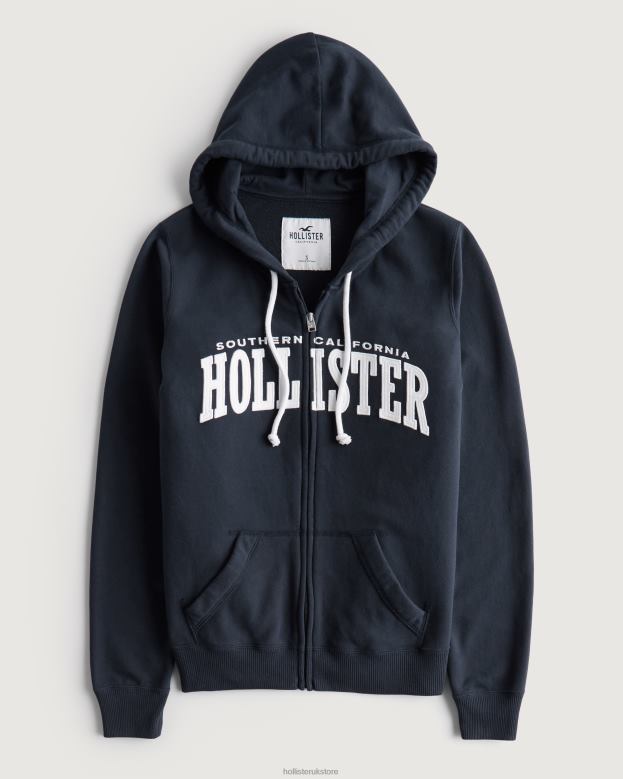 Tops Hollister Women Easy Full-Zip Logo Graphic Terry Hoodie 48820327 Navy Blue