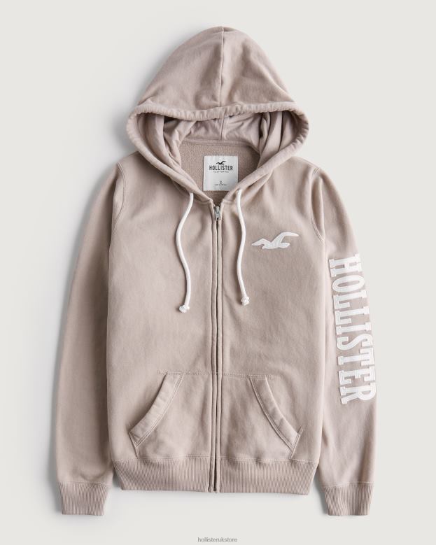 Tops Hollister Women Easy Full-Zip Logo Graphic Terry Hoodie 48820389 Taupe