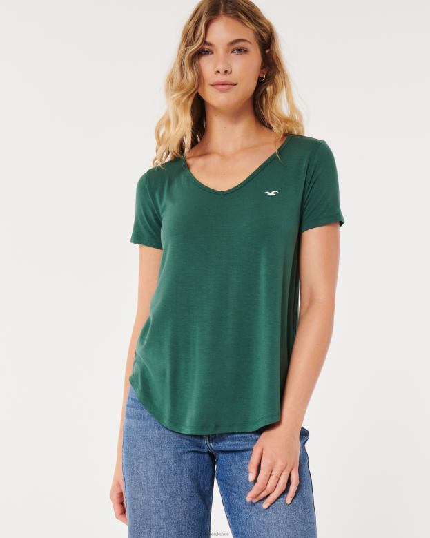 Tops Hollister Women Easy Icon V-Neck T-Shirt 4882069 Dark Green