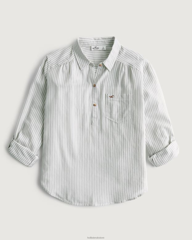 Tops Hollister Women Easy Lightweight Cotton Popover Shirt 48820174 Sage Green Stripe