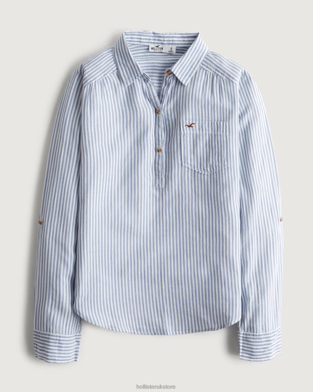 Tops Hollister Women Easy Lightweight Cotton Popover Shirt 48820299 Light Blue Stripe