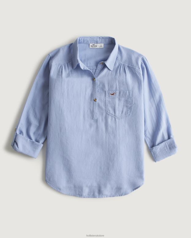 Tops Hollister Women Easy Lightweight Cotton Popover Shirt 48820373 Blue