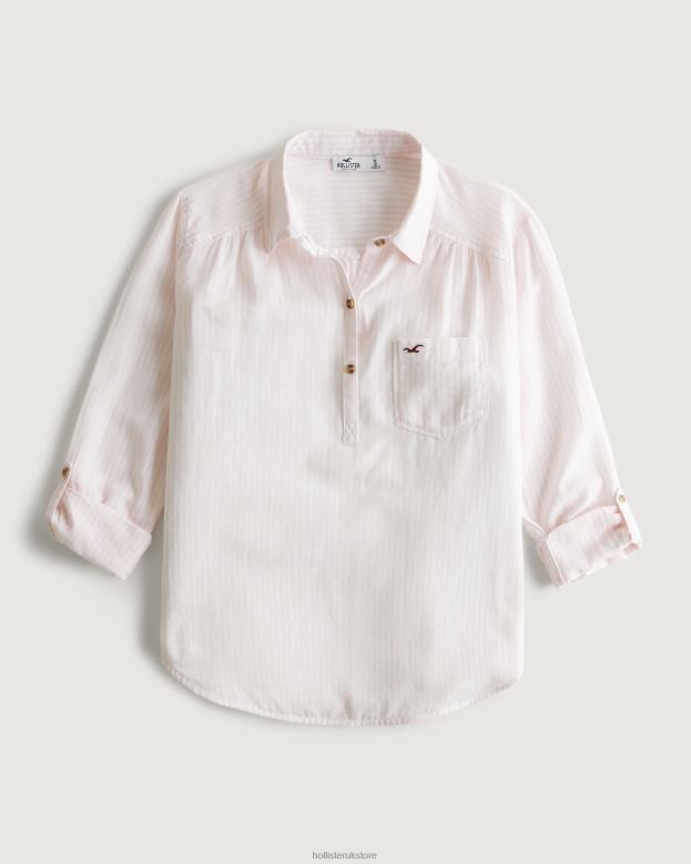 Tops Hollister Women Easy Lightweight Cotton Popover Shirt 48820392 Light Pink Stripe